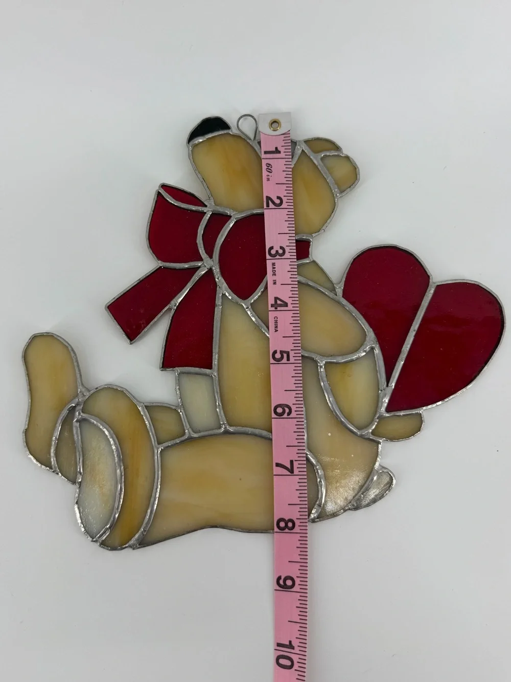 Vintage Stained Glass Bear Holding Heart Suncatcher Cream Red 8
